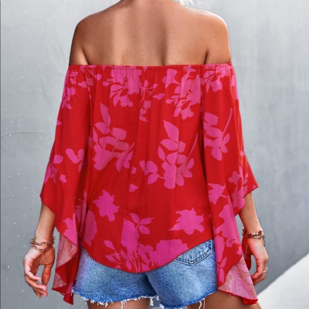 Boho Floral Print Off Shoulder Top Blouse. GREEN - Picture 6 of 17